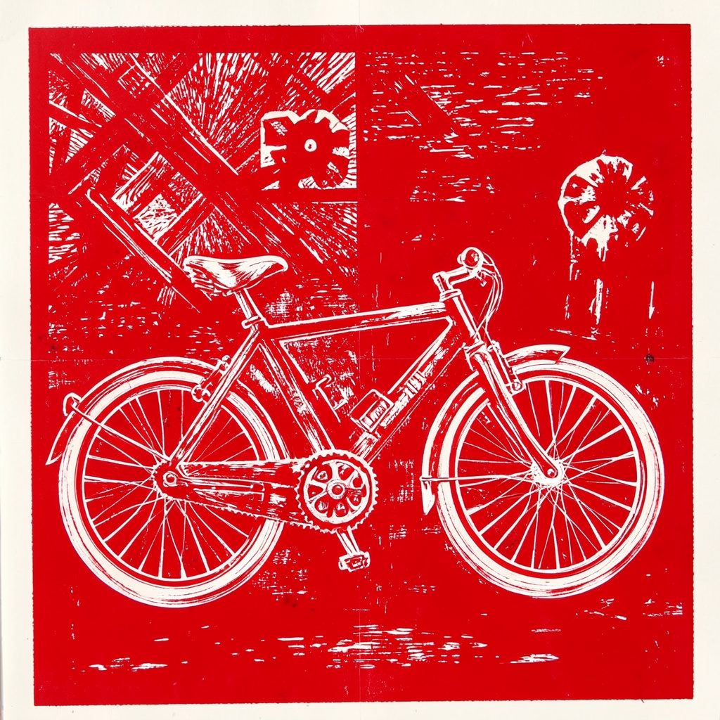 Carved linocut relief print of a stationary exercise bike in a home setting, deep red and cream tones, focused mood