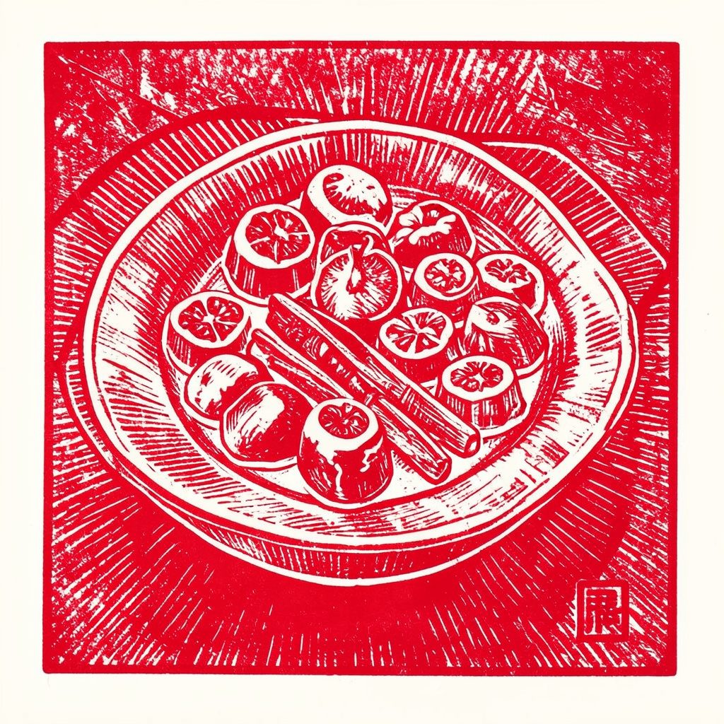 Linocut relief portrait in warm maroon and coral tones depicting a thoughtful author figure surrounded by botanical motifs, set against a soft parchment background.