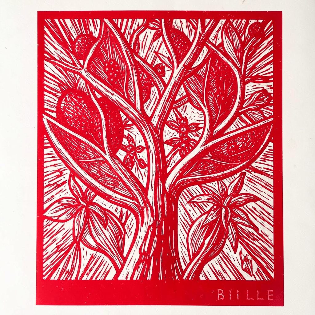 Linocut relief print of dried botanical herbs and roots in warm earth tones of ochre, sienna, and sage green on a soft cream background, conveying traditional herbal practice.