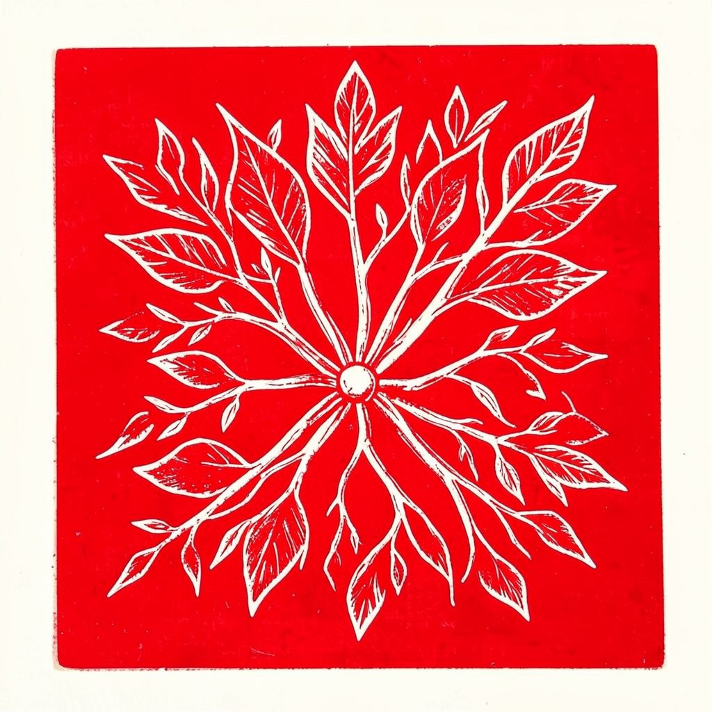 Carved linocut relief print showing an arrangement of warm-toned botanical ingredients in deep maroon and coral on a soft cream surface, conveying a calm, traditional wellness mood.